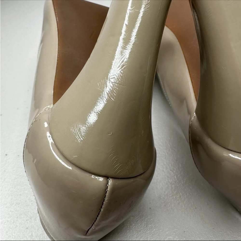 Kelly & Katie Tan Peep Toe Pumps Size 7 M Nude Patent Buckle High Heel Shoes - Picture 10 of 14